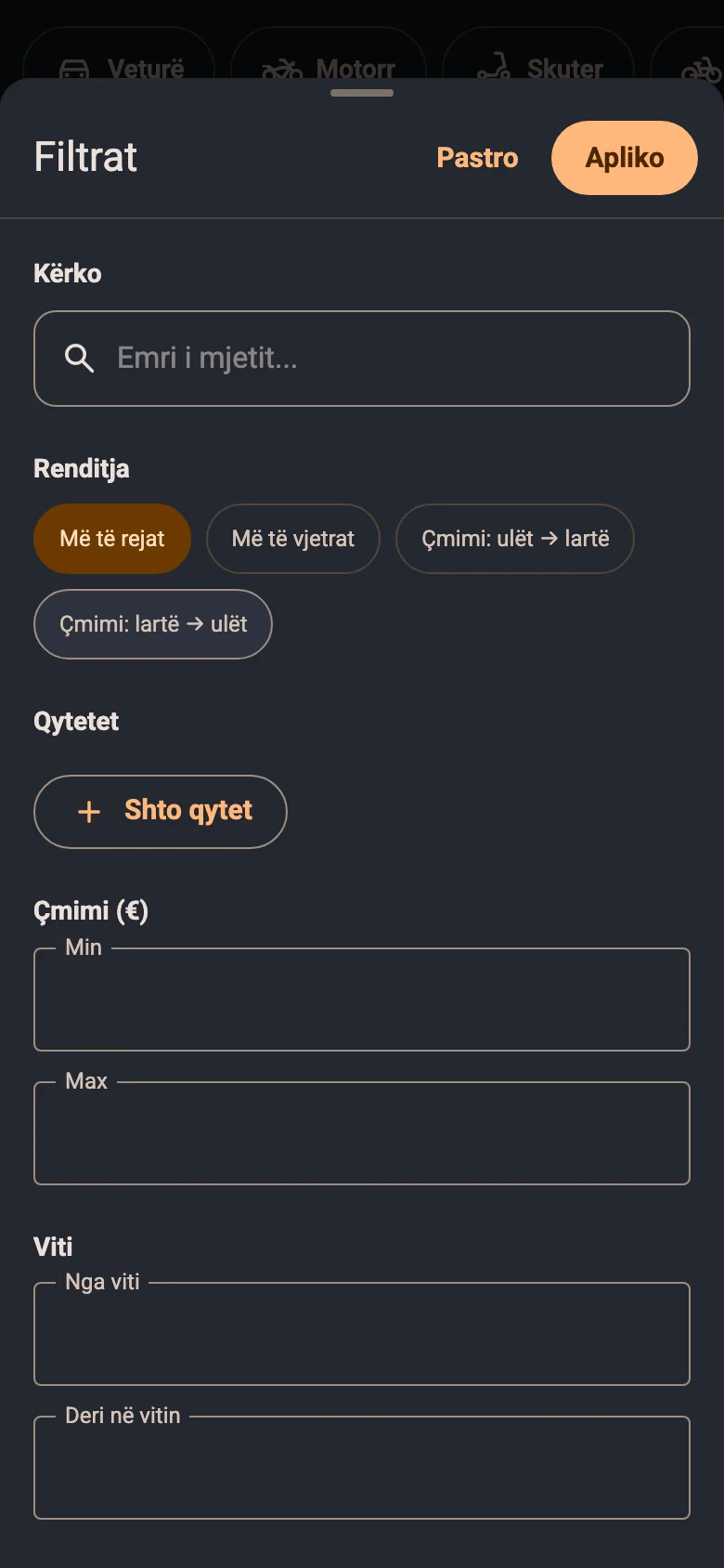 Ekrani i filtrave në aplikacionin Targa AL